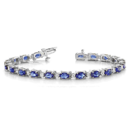8.50 - 13.00 Carat Oval Blue Sapphire And Round Natural Diamond Tennis Bracelet With 4 Prong Setting