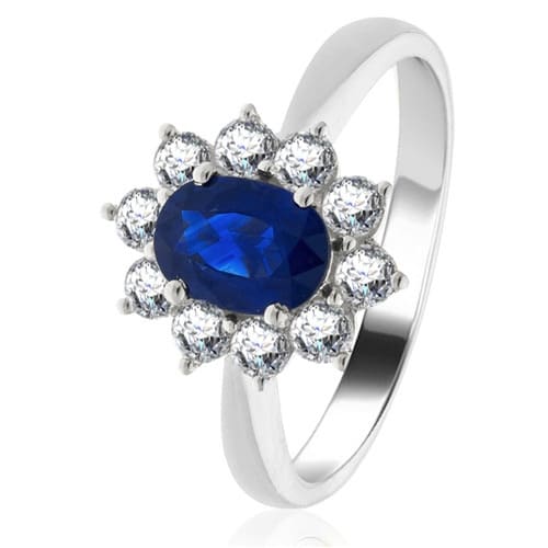 1.00ct Blue Sapphire Oval Cut and Round cut Diamond Engagement Ring 